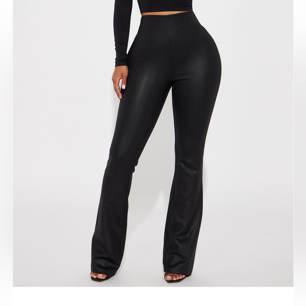Textured black leather flare pant